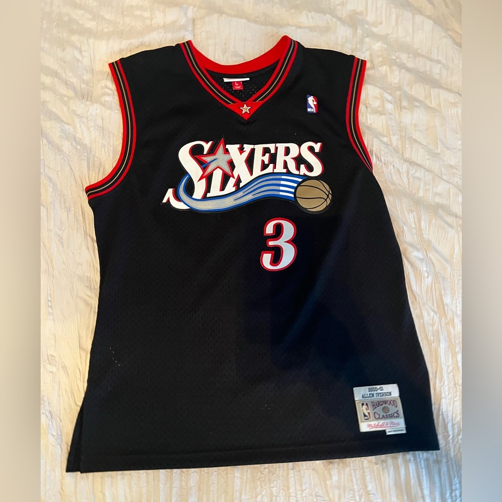 Mitchell & Ness Black and Red Iverson Sixers Jersey